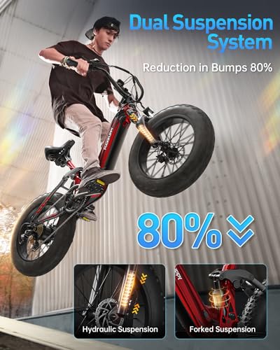PUCKIPUPPY Corgi Electric Bike for Adults, Peak 1000W Motor, 48V 20Ah Battery Ebike, 20''×4.0'' Fat Tire Full Suspension Electric Mountain Bike, Up to 28MPH & 80Miles Range, LCD Display, 7 Speed