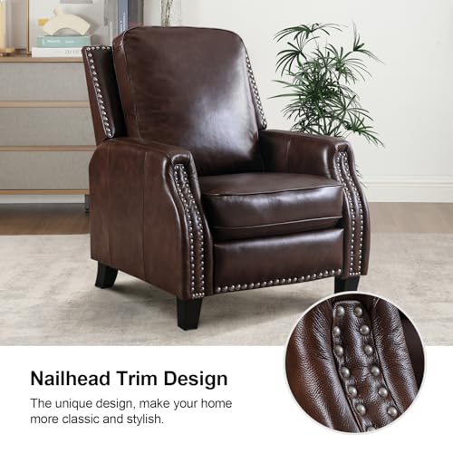 CANMOV Genuine Leather Recliner Chair Set of 2, Classic and Traditional Push Back Recliner Chair with Solid Wood Legs, Adjustable Single Sofa with Nailhead Trim for Living Room,Bedroom, Reddish Brown