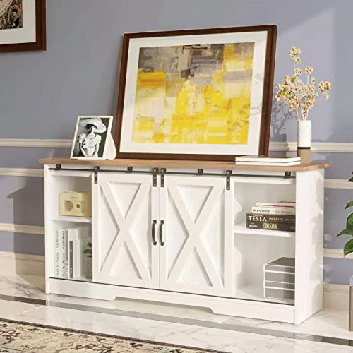 4 EVER WINNER Farmhouse TV Stand with Sliding Barn Doors, Espresso Entertainment Center for 65 Inch TV with Storage Cabinet, Classic Media Console for TV Up to 65 Inch TV Furniture for Living Room