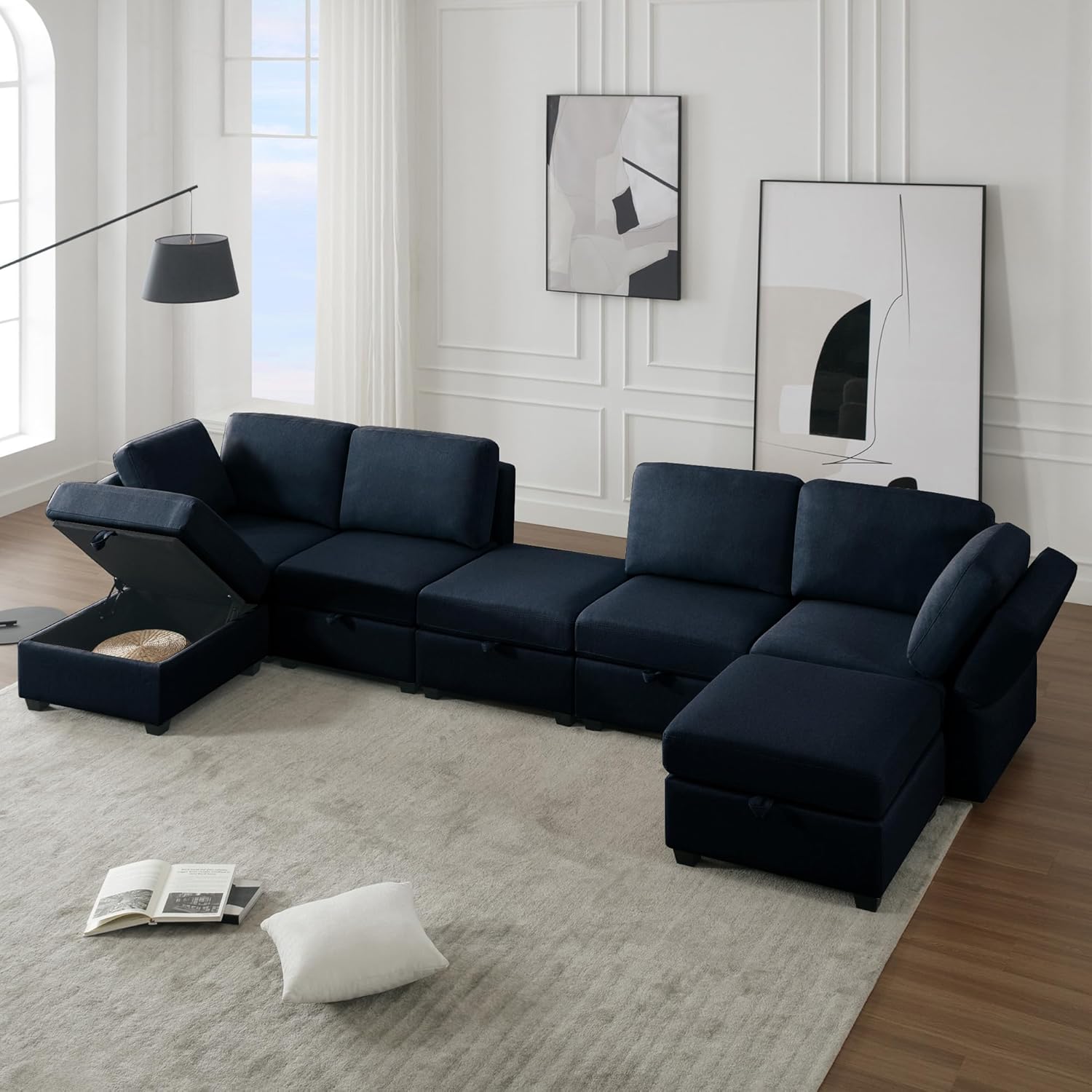 GOWE Modular Sectional Sofa U Shaped Sectional Couch with Ottoman, 7 Seat Modular Sofa with Chaise for Living Room, Adjustable Arms and Backs - Blue
