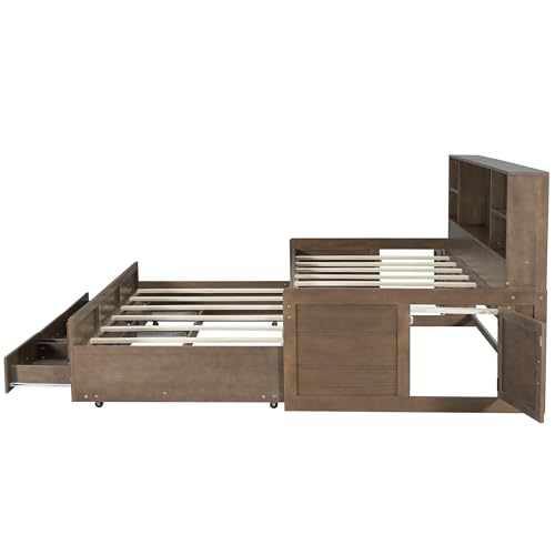 Harper & Bright Designs Full Captain’s Bed with Trundle, Drawers, Bookcase, Solid Wood Full Storage Daybed Frame for Kids Guests, No Box Spring Needed (Full Size, White)
