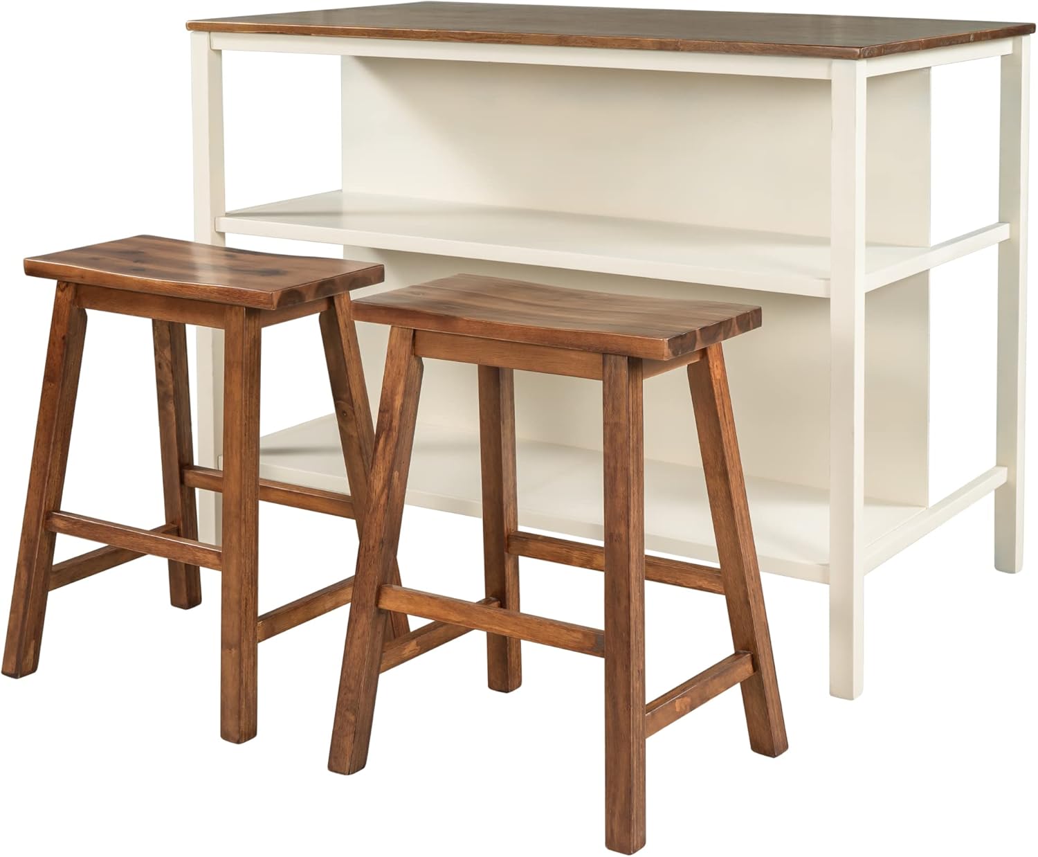 Voohek Kitchen Island Set with 2 Stools Seating, Solid Wood Rubber Butcher Block Dining Prep Table Open Shelves for Small Places, Rustic Stationary