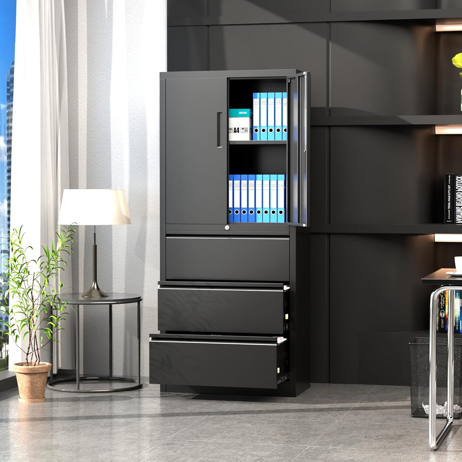 70.1" H Metal File Cabinets,File Cabinet with Lock and Adjust Shelves,3 Drawers Office Storage Cabinet with Lock for Letter/Legal/F4/A4 Size Files,Black,Assembly Required.