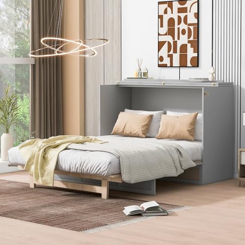 Queen Size Murphy Bed, Murphy Cabinet Bed with Large Drawer, Can Be Foldable, Space Saving, Wooden Low Bedframe for Bedroom, Apartment (White, Queen)