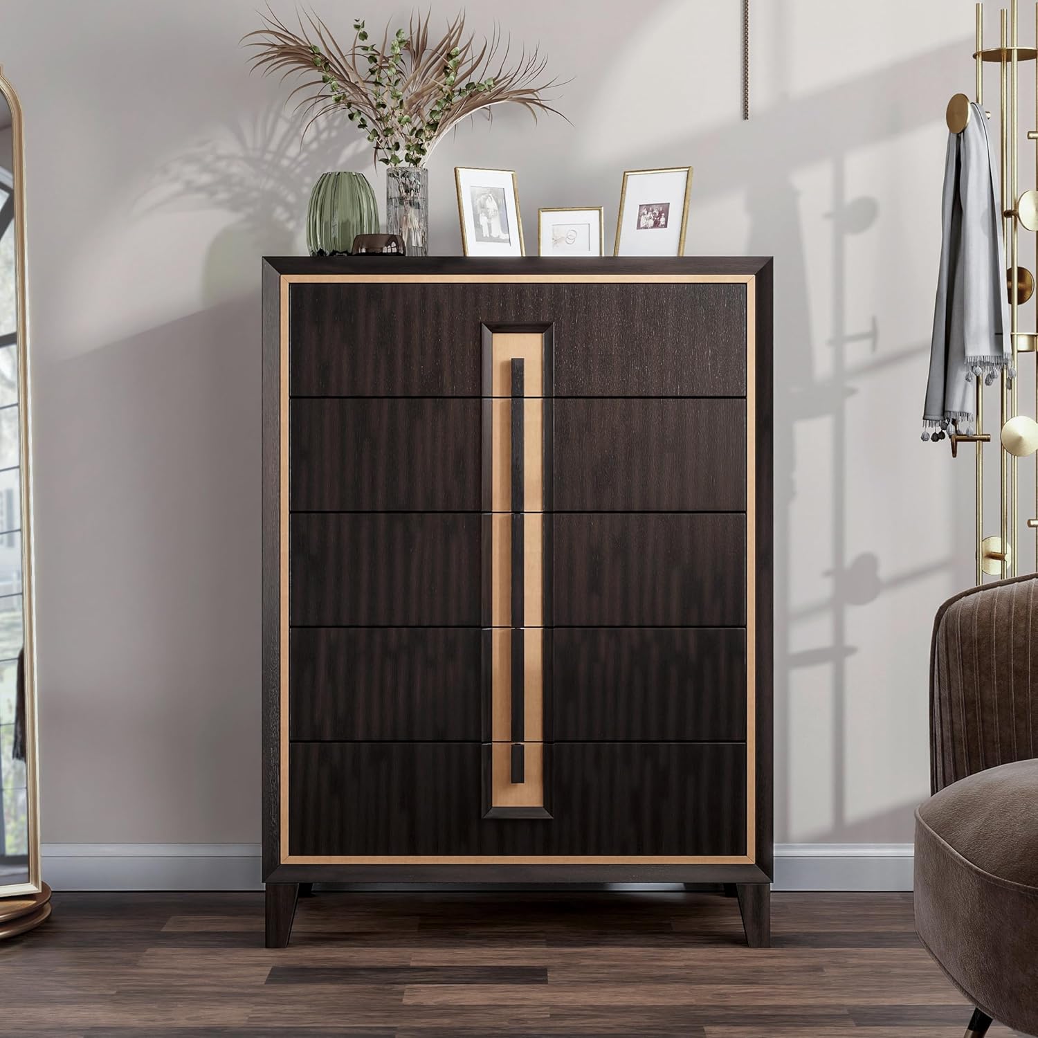 Furniture of America Delbert Modern Solid Wood Chest with Clothing Storage and Gold Accent Trim, 5-Drawer Cabinet, Tall Dresser for Bedroom, Guest Room, Space Saving, Espresso