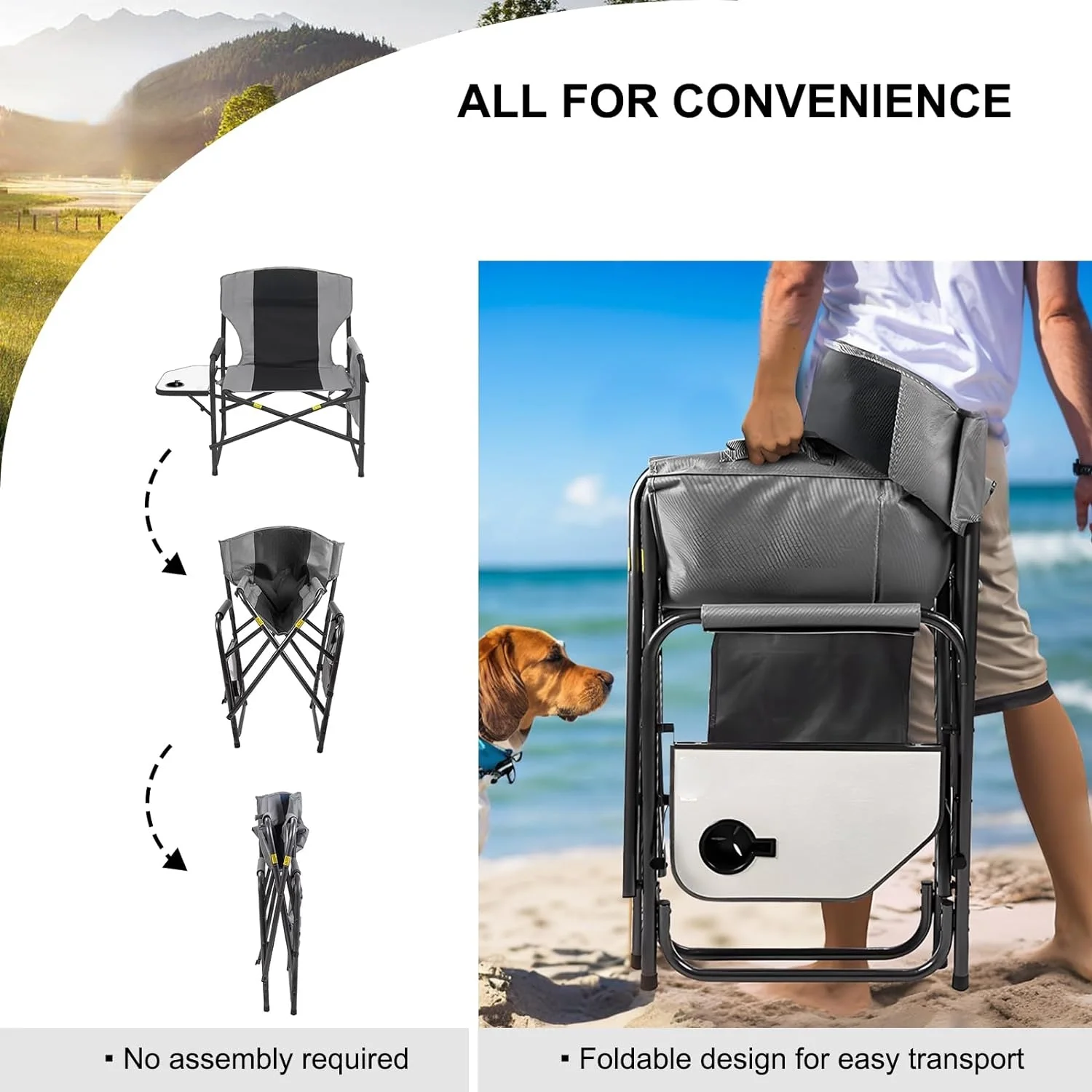 Oversized Director Camping Chair,600 LBS Heavy Duty Folding Chair,24"Cozy Outdoor Chair,With Cup Holder and Adjustable Table Folding Chair for Outside Beach,Lawn,Fishing,Camping,Patio,Makeup