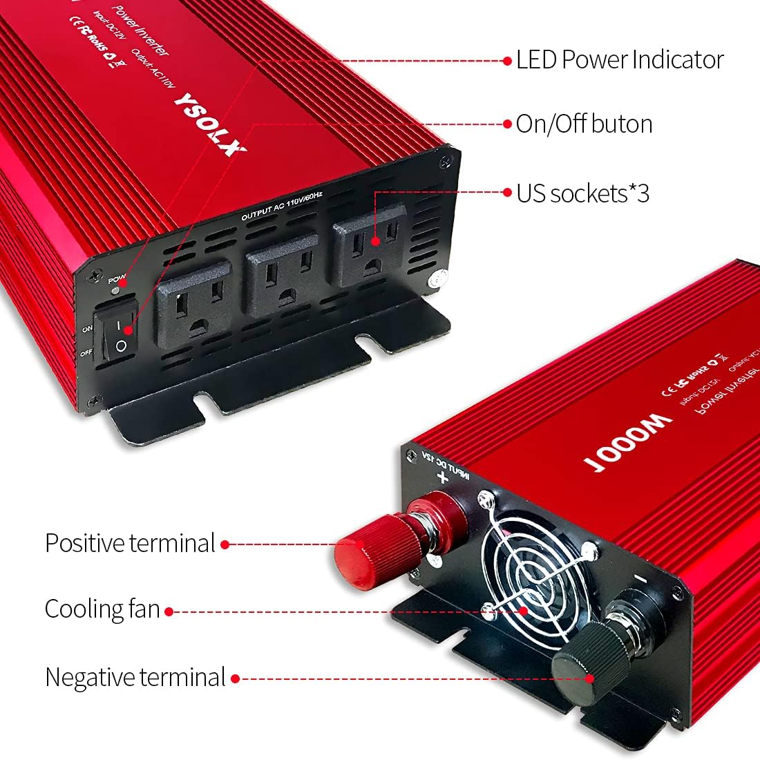 Power Inverter 12v to 110v, Dc to Ac Converter with 3 AC Outlets, 1000 watt Inverter for Car/RV/Home