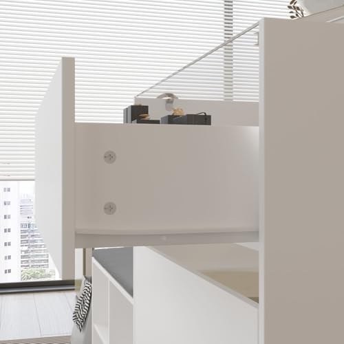 MOUMON Armoire Wardrobe Closet with Glass Tabletop & 9 Drawers, Glass Armoire Island with Cushion Bench & Shelves, Wardrobe Display Cabinet for Bedroom Cloakroom Store White, 27.6”D x 47.2”W x 31.5”H