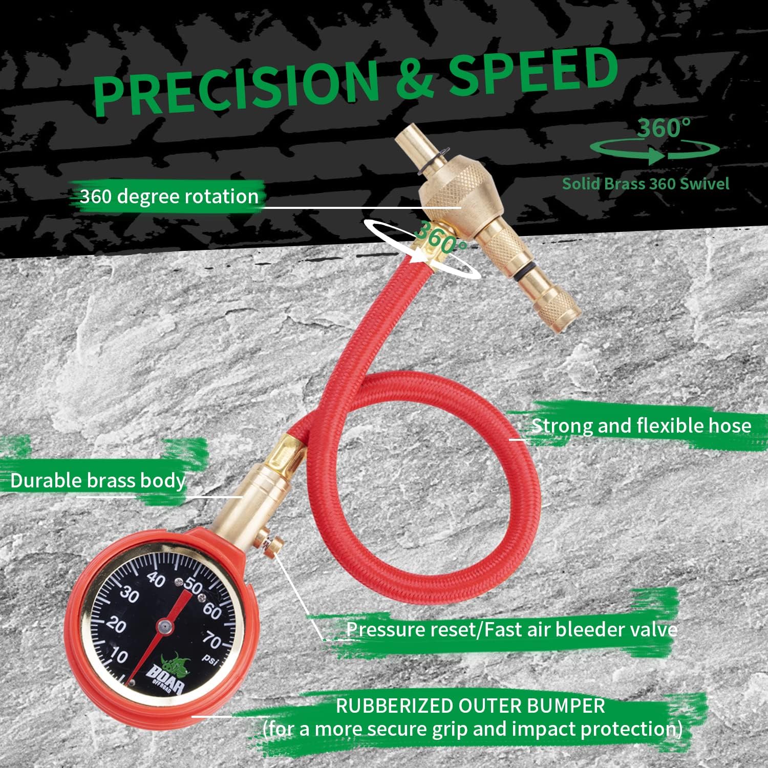 OFF ROAD BOAR Tire Deflators Air Down,Analog Tire Pressure Gaug,0-75PSI Easy to Read Dial with Accurate Rapid Release Button and Tire Repair Tools for Car,Motorcycle,Truck,RV, ATV,UTV,Vehicle Tires