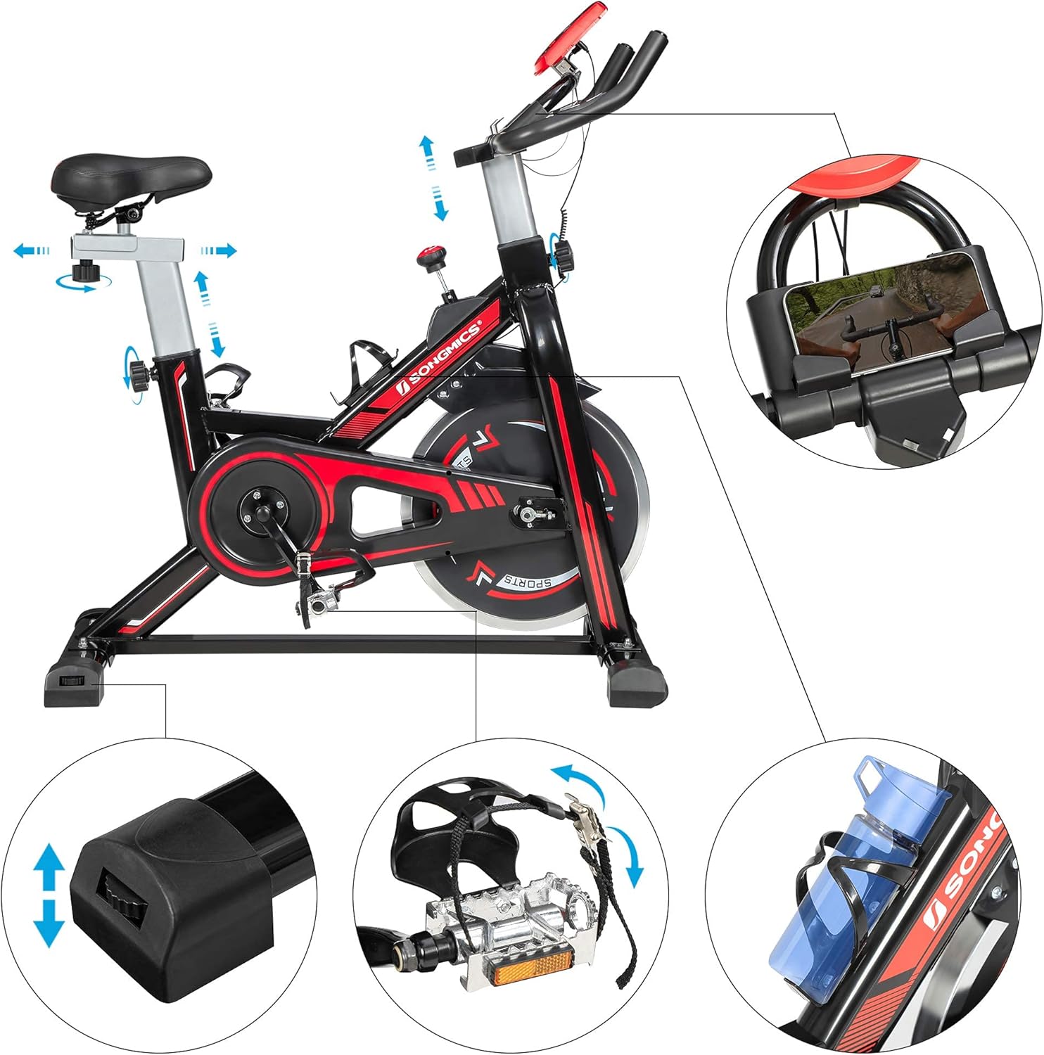 SONGMICS Stationary Bike, Indoor Cycling Bike, Exercise Bike, and Fitness Trainer, with Adjustable Handlebar, Seat, and Resistance, Pulse Sensor, Caged Pedals, Black and Red USEB617R01