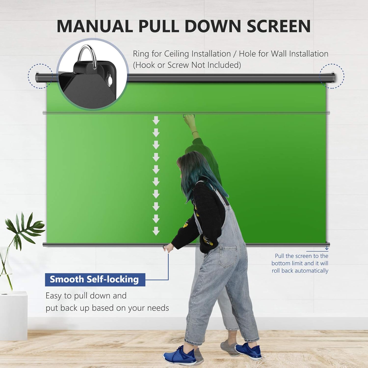 Neewer Green Screen, 5x6ft/1.5x1.8m Wall Ceiling Mountable Chroma Key Green Backdrop for Background Removal, Pull Down Auto-Locking, Wrinkle-Resistant Polyester, Aluminum Shell for Video Game Stream