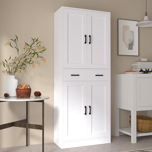 White Kitchen Pantry Cabinet, 71" Tall Kitchen Storage Cabinet with doors and drawer, Freestanding Wooden Storage Cabinet for Kitchen, Dining room, Hallway