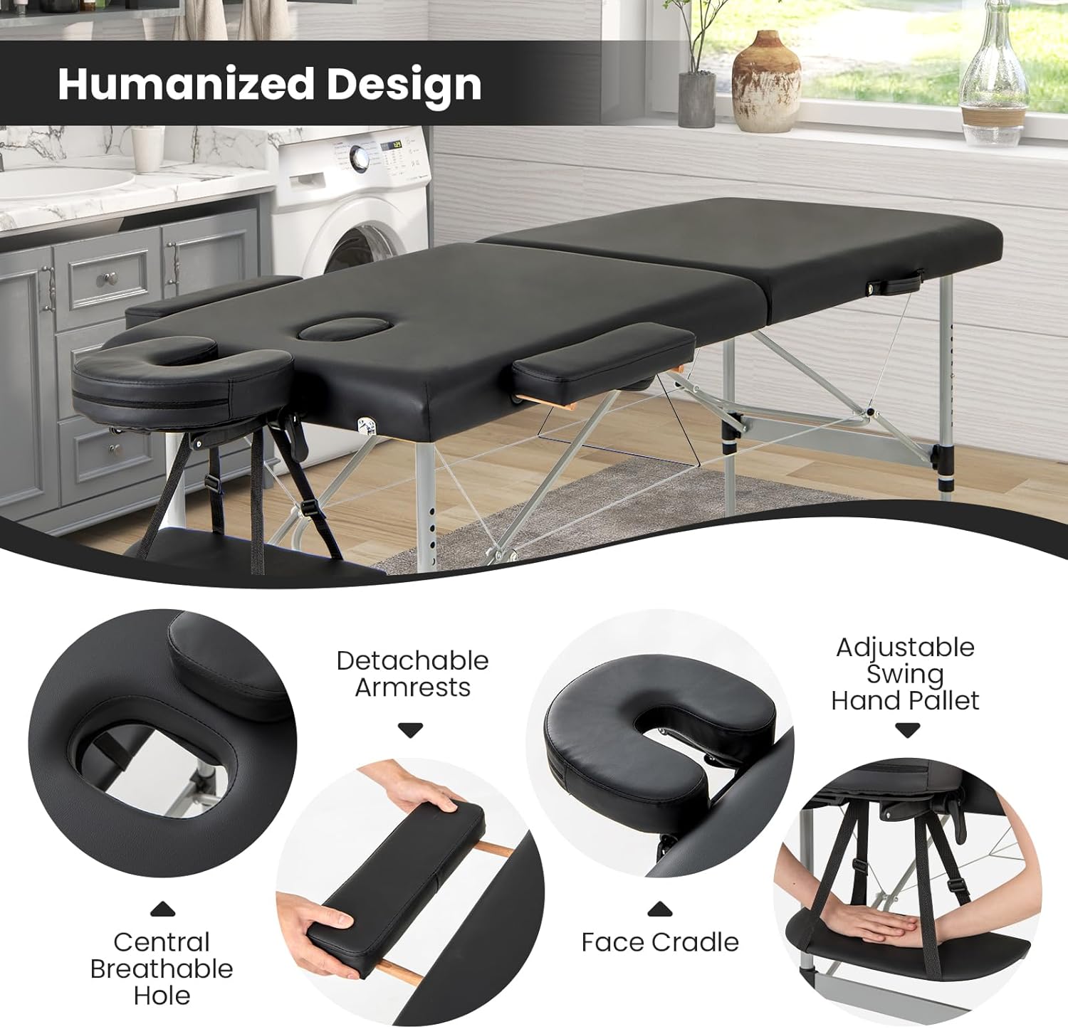 Giantex Massage Table, Portable Massage Bed with Carrying Bag, 2 Fold Salon Spa Tattoo Bed, Height Adjustable, Sturdy Aluminum Frame, Professional Massage Lash Bed Esthetician Bed, Black