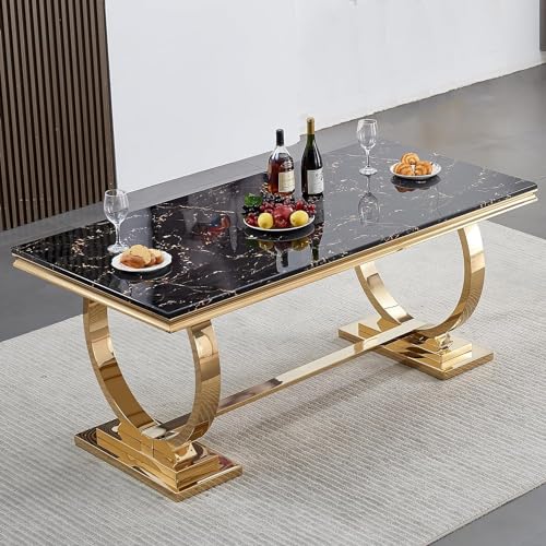 70" Luxurious Marble Dining Table Set for 6, Modern Faux Marble Dining Table with 6 Black Velvet Dining Chairs Set, Kitchen Table with Gold Stainless Steel Pedestal, 7 Piece Dining Table Set