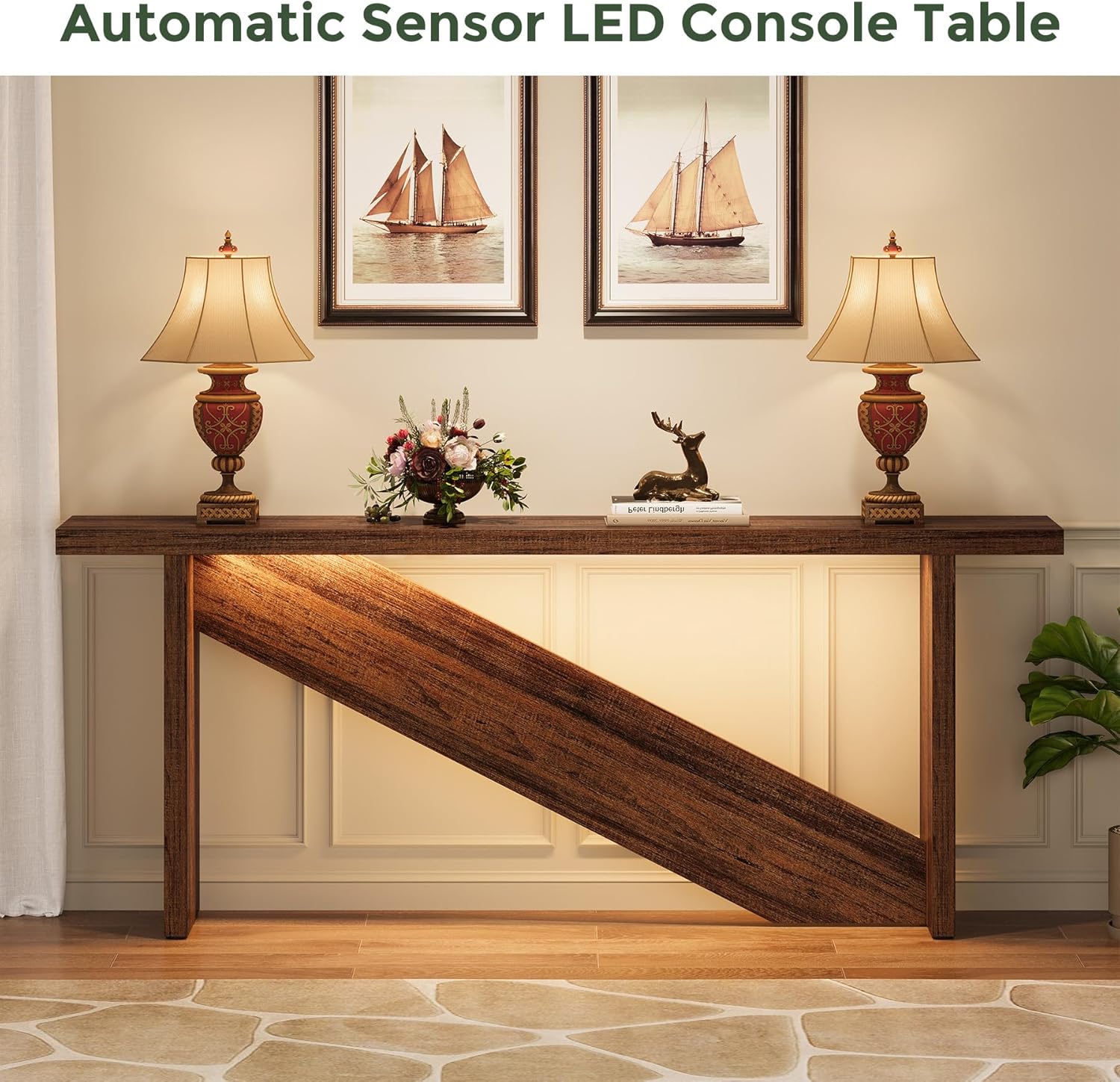 Console Table with LED Lights, 70.86" Long Sofa Table Behind Couch, Narrow Wood Entryway Table, Farmhouse Foyer Table, Industrial Console Table for Entryway, Living Room, Hallway, Rustic Brown