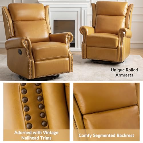 HULALA HOME Genuine Leather Swivel Rocker Recliner, Manual Glider Recliner Chair with Footrest and Lumbar Support, Pushback Recliner with Nailhead Trim and Metal Base(Saddle)
