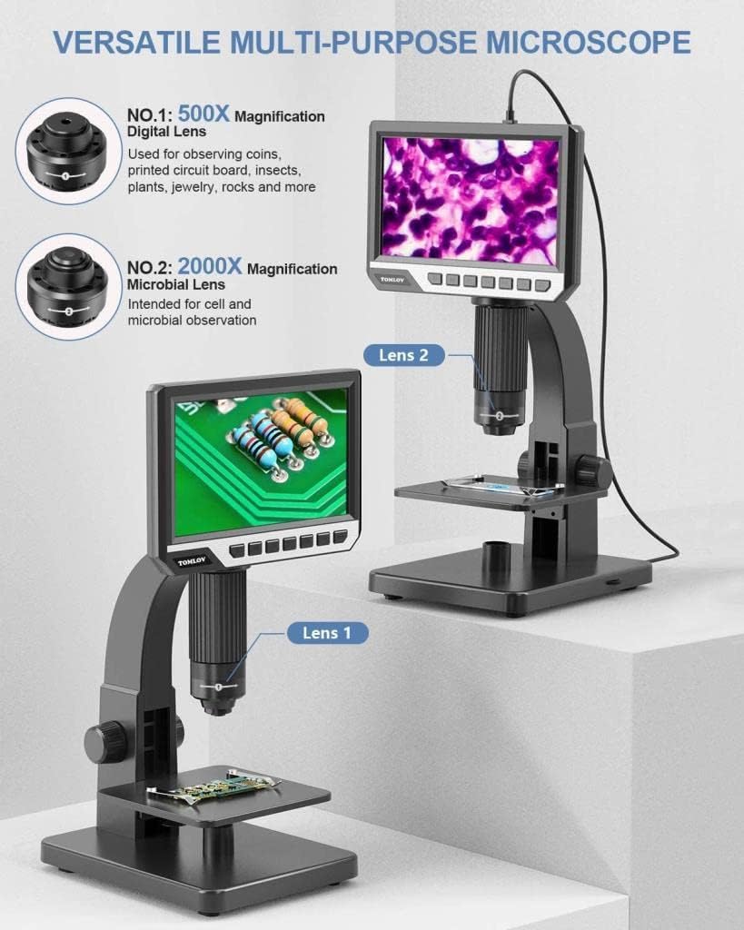 TOMLOV DM11 LCD Digital Microscope with 2000X Dual Lens(Digital & Microbial Lens), 7'' IPS Display�O10 LEDs�O12MP Resolution�OWindows/Mac OS Compatible, SD Card Included