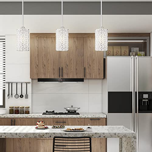 3 Pack 1 Light Hanging Kitchen Island Crystal Pendant Lighting Modern Concise Pendant Light Fixture Brushed Nickel Finish with Crystal Plate Metal Shade for Bar, Dining Room, Corridor,Living Room