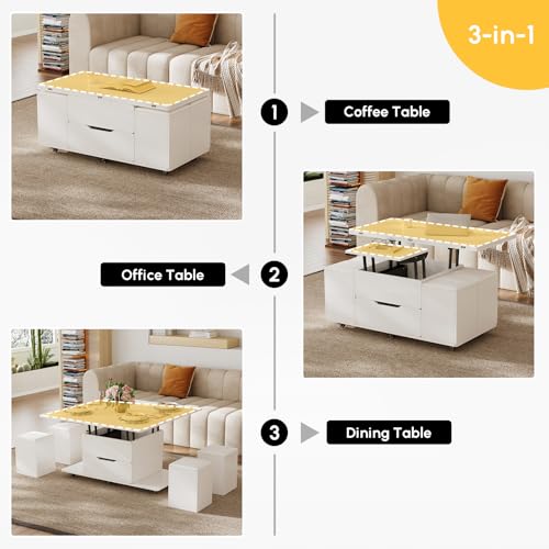 homary Black Lift-Top Coffee Table with Hidden Storage, 3-in-1 Modern Folding Center Table with 4 Stools, Casters, and Lockable Wheels – Convertible Dining & Office Table for Living Room