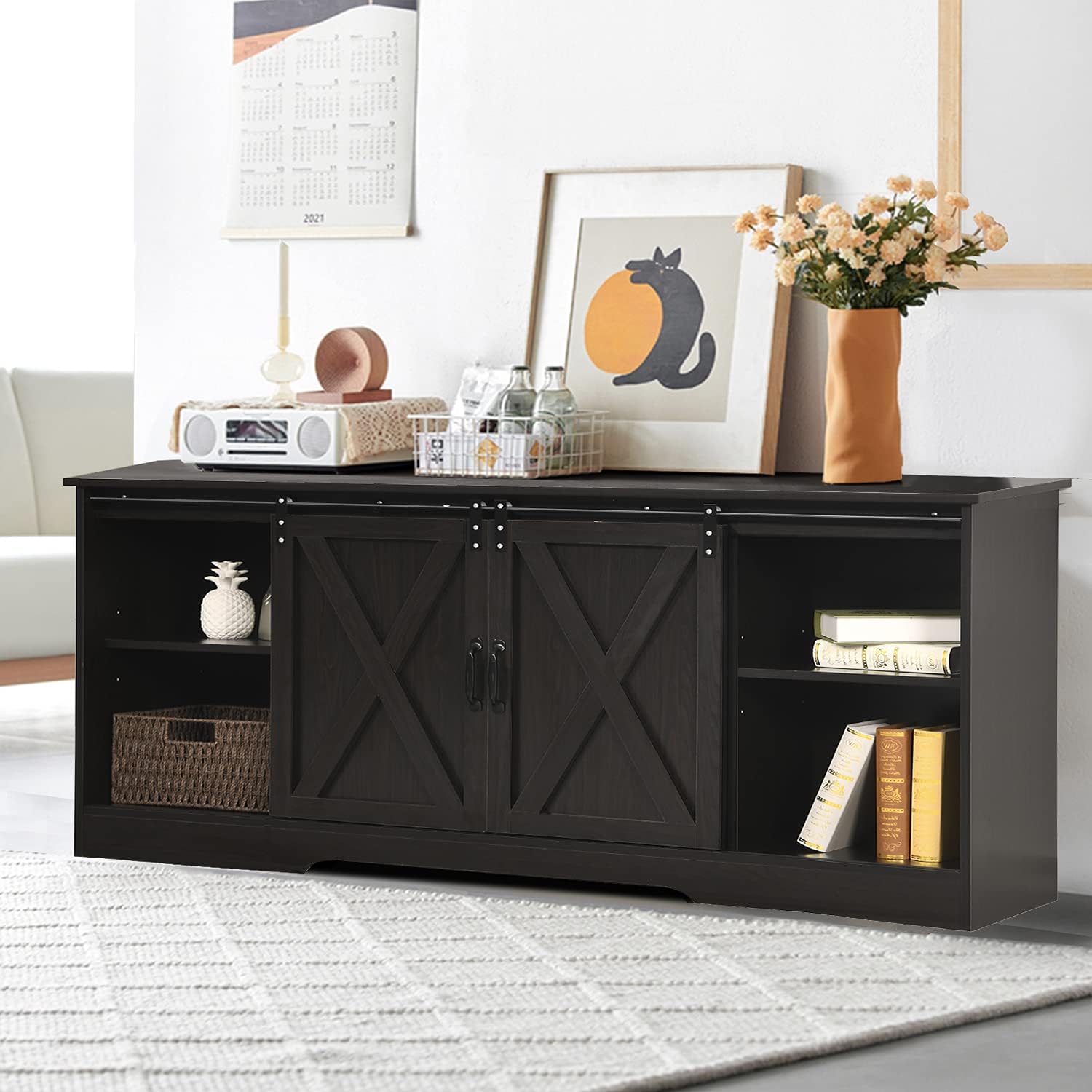 Farmhouse TV Stand for 65+ inch TV with Sliding Barn Door Entertainment Center with Storage for Living Room, Modern Console Storage Cabinet, Adjustable Shelves, Espresso