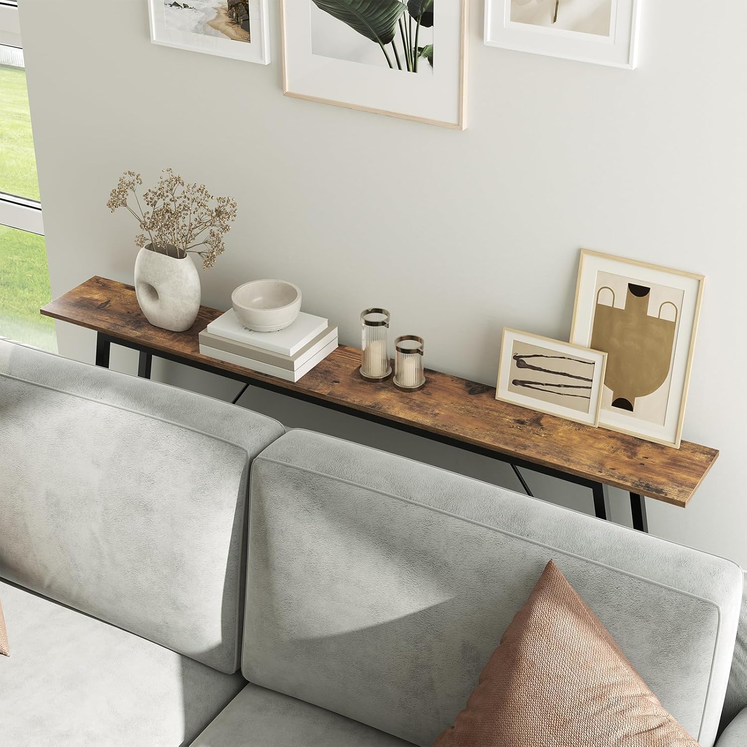 Console Table, Narrow Long Entryway Table, Industrial Skinny Sofa Tables, 2-Layer Hallway Table for Entryway, Display Table Behind Couch, Rustic Brown and Black CT20BR-CT14BR