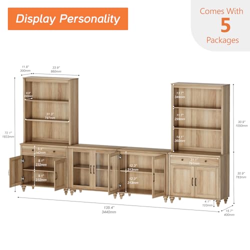 WAMPAT Entertainment Center with Bookshelves for TVs up to 75", Farmhouse Wall Unit TV Stand with 8 Doors & 4 Drawer, Media Console Table for Living Room, Bedroom & Home Theater, Off White