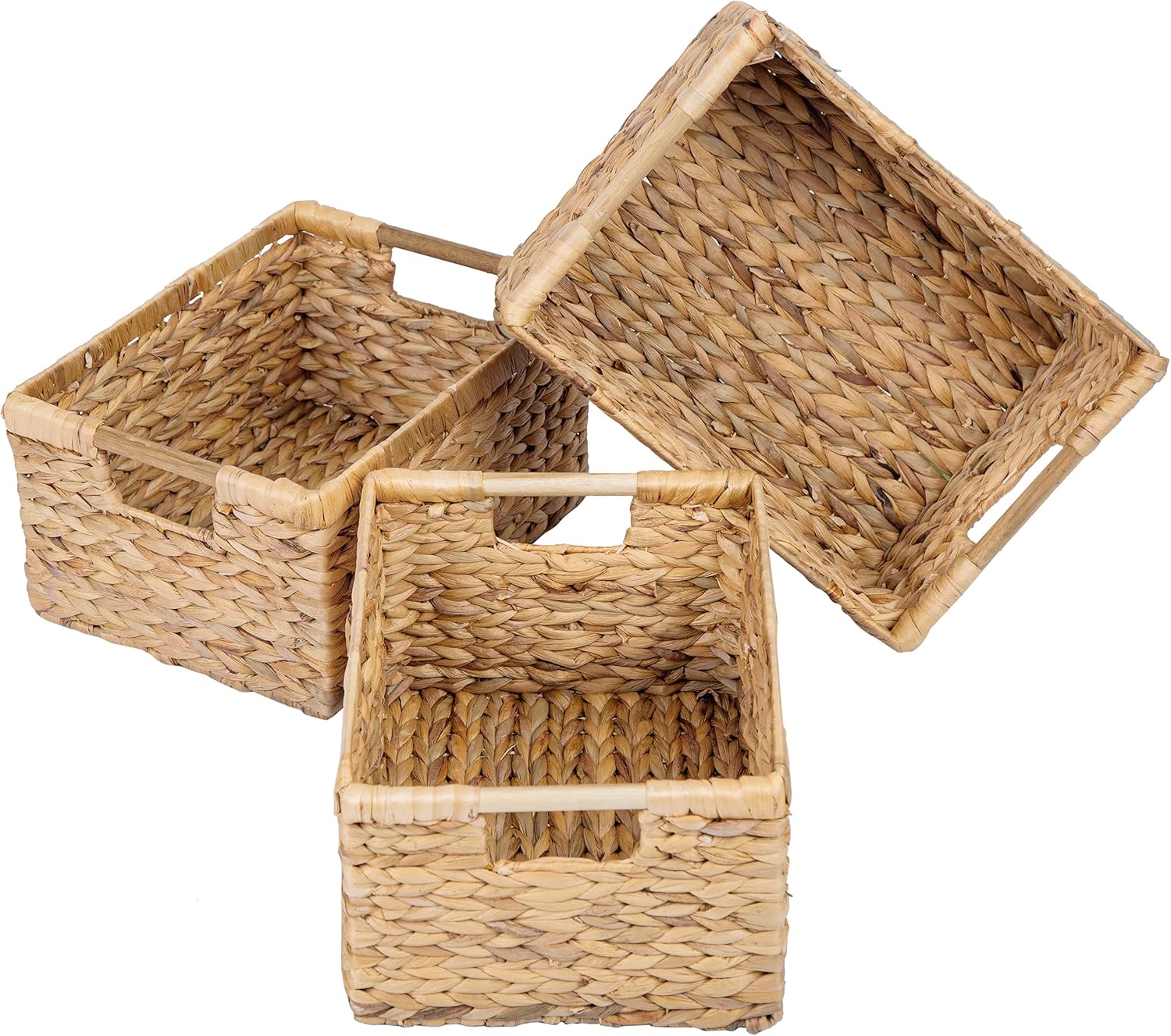VATIMA Large Wicker Basket Rectangular with Wooden Handles for Shelves, Water Hyacinth Basket Storage, Natural Baskets for Organizing, Wicker Baskets for Storage 14.5 x 10.3 x 7.2 inches