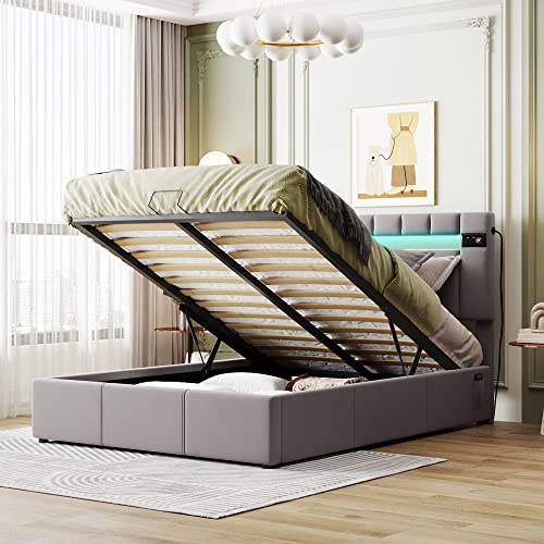 Lift Up Storage Bed Queen, Upholstered Queen Bed Frame with LED Light, Bluetooth Player and USB Charging,Velvet Fabric Platform Bed Frame for Teens Adults, No Box Spring Needed(Grey)