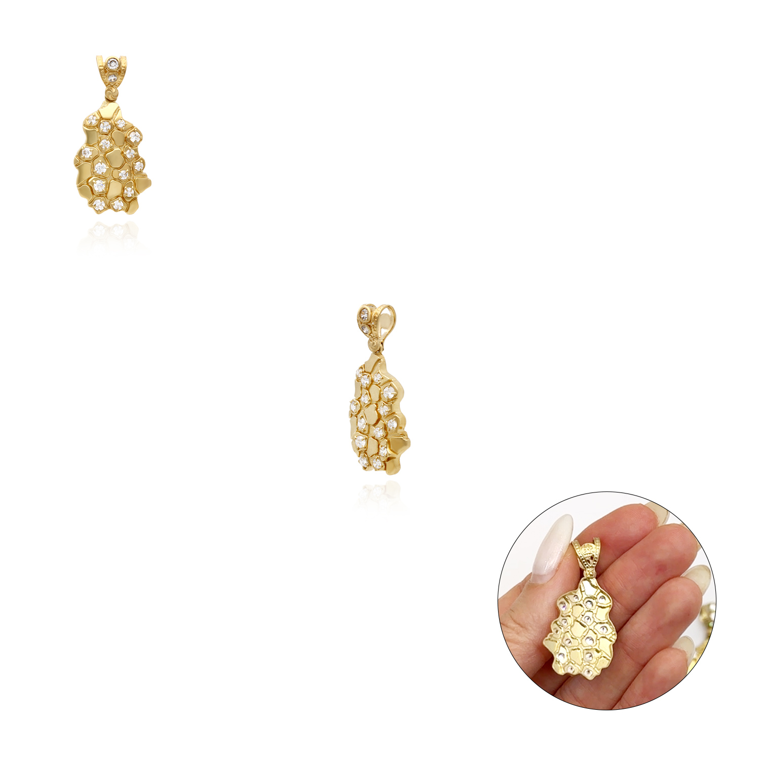 10K Yellow Gold Simulated Diamond Nugget Pendant 1.5"-2.3"