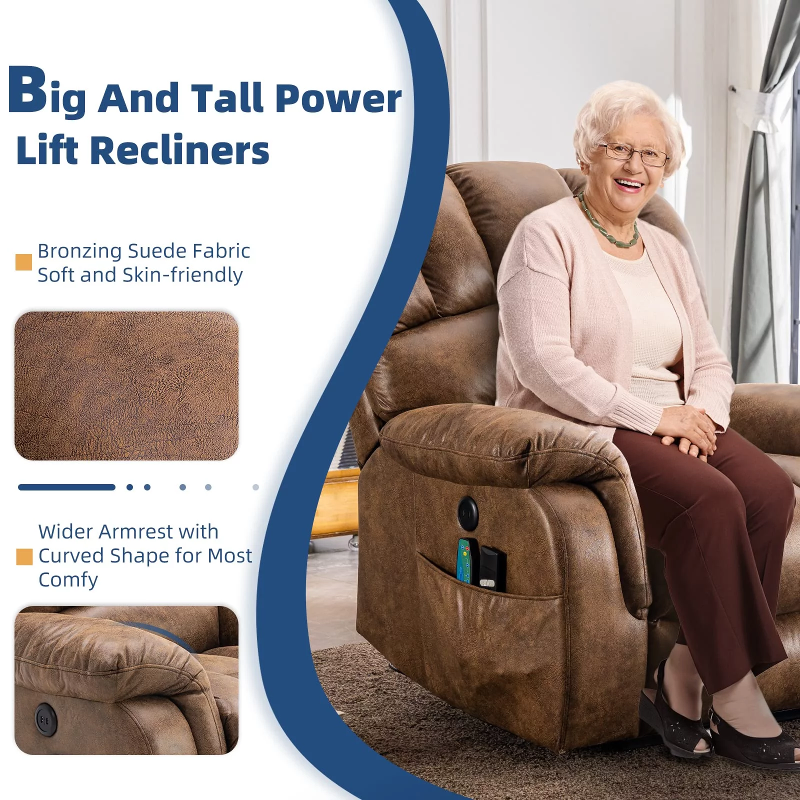 SOCIALCOMFY Dual Motor Large Electric Lift Recliner Chair for Elderly Big People, Heated Massage Lay Flat Sleeper Power Recliner, Infinite Position, 2 Remote Controls, Side Pockets & USB Ports, Brown