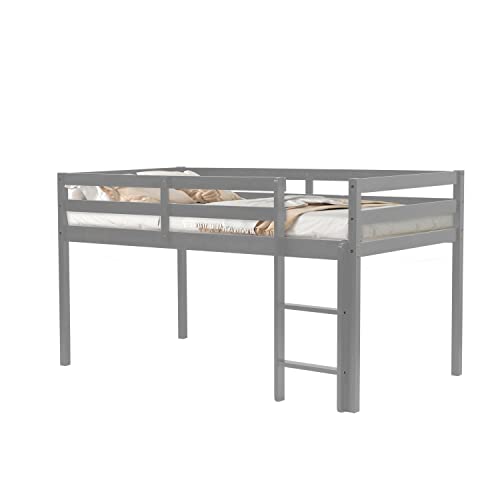Tmosi Low Loft Bed Twin,Solid Wood Kids Twin Bed Frame with Ladders and Guard Rails,Space Saving Twin Size Loft Bed for Girl Boy,No Box Spring Needed,Easy to Assembly (Built-in Ladder-Grey)