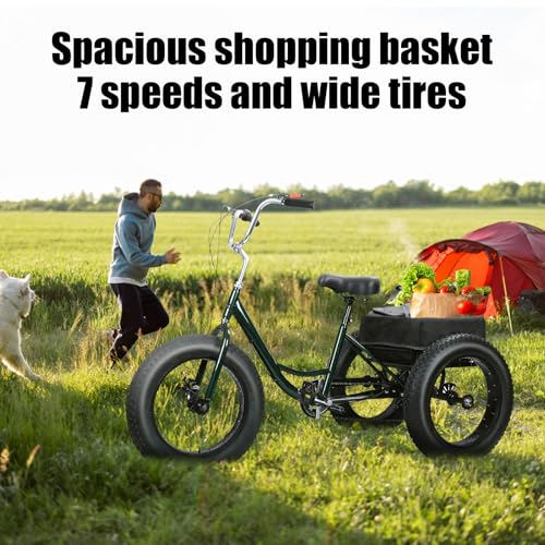 Adult Tricycles, 20 Inch 3 Wheeled Bicycles for Adult, Snow Tires Fat Tire Drift Trike with Double Disc Brake Spacious Basket, 7 Speed Cruiser Bike for Women Men Seniors Students Recreation
