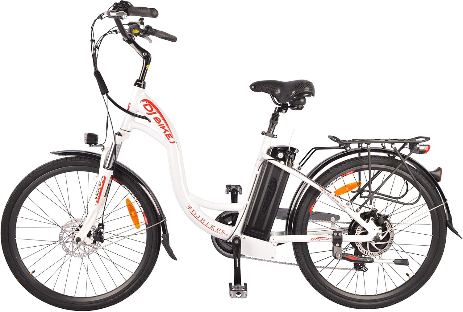 DJ City Bike 750W 48V 13Ah Step-Thru Power Electric Bicycle, Pearl White, LED Bike Light, Fork Suspension and Shimano Gear