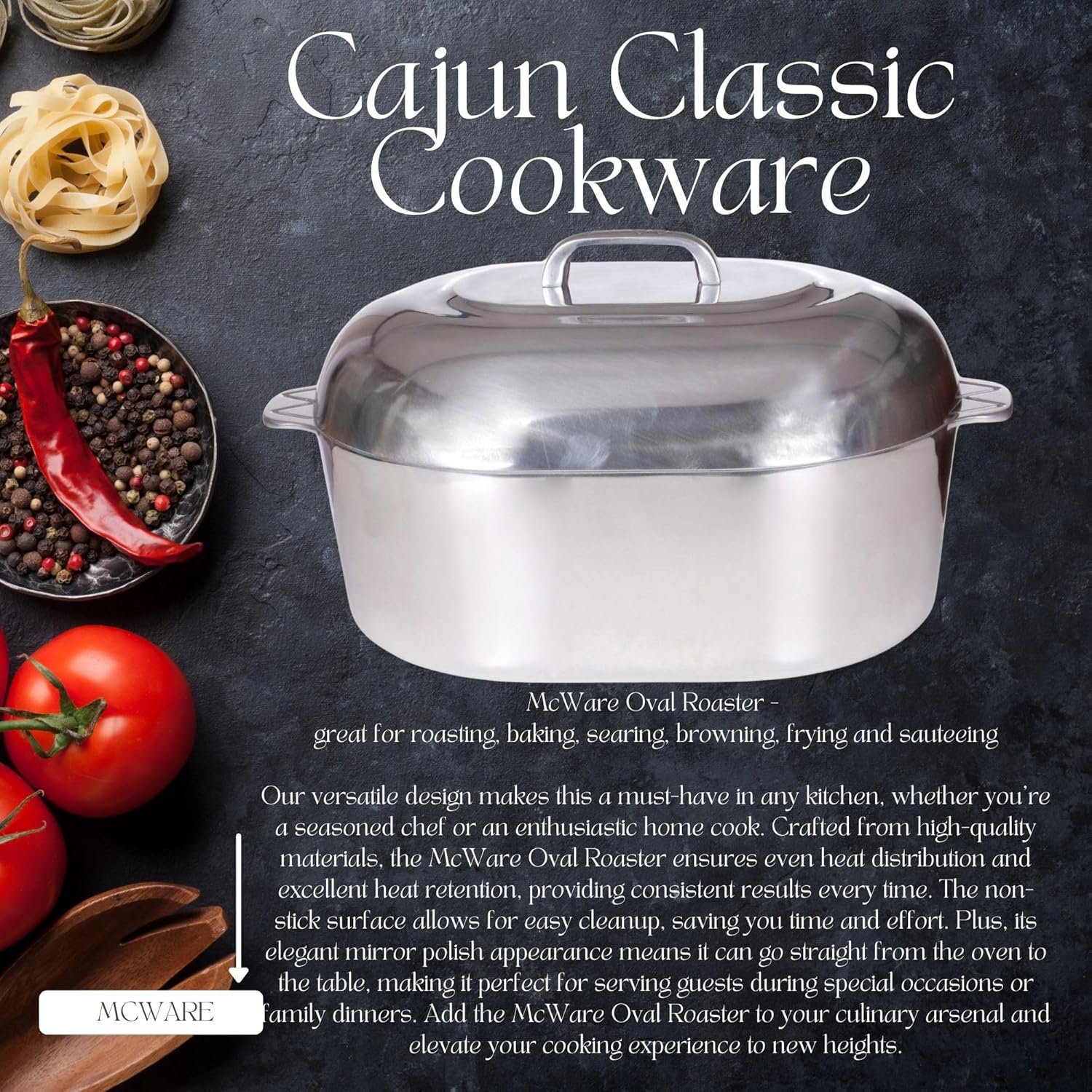 Cajun Cookware Aluminum Roaster Pan with Lid - 15-inch Roasting Pot - Easy to Clean Oval Cookware