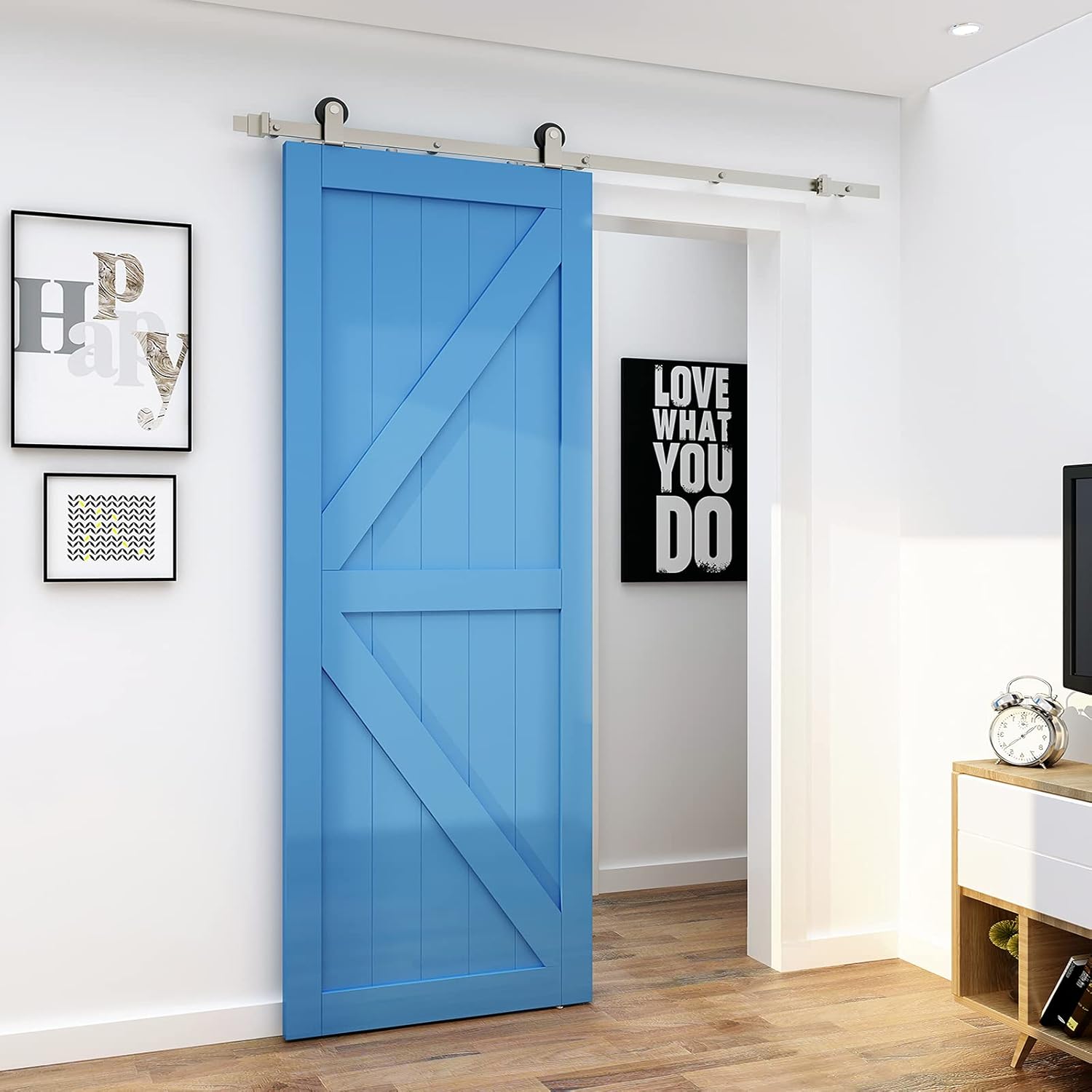 JUBEST Satin Nickel Sliding Barn Door Hardware Kit Smoothly and Quietly Hanger Roller Flat Track Kit J Shape Roller