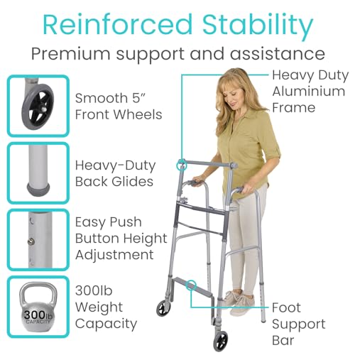 Vive Sit to Stand Walker - Rolling Stand Assist Walker for Seniors & Adults - Lightweight, Folding, Front 5" Wheels - Standing Roller for Elderly, Handicap - Collapsible for Transports