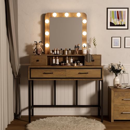 Sunvivi Vanity, Makeup Vanity Desk with 3 Color Dimmable Lighted Hollywood Mirror, White Vanity with 4 Drawers, Large Dressing Table for Women Girls