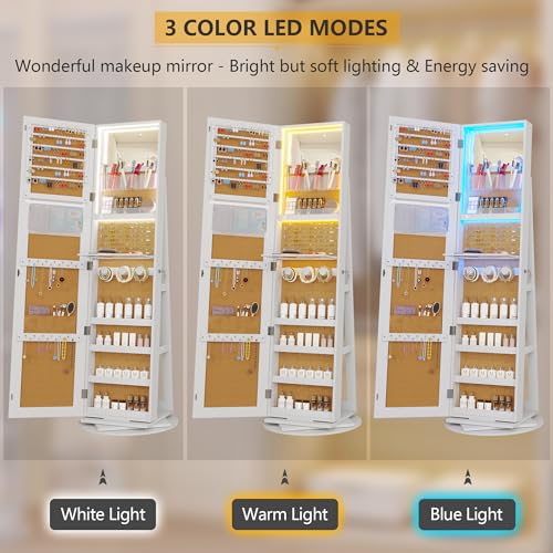 Vlsrka 360° Swivel Jewelry Cabinet with Lights, Jewelry Armoire with Full Length Mirror, Large Jewelry Armoire Organizer, Lockable Free Standing Mirror with Storage, Rear Storage Shelves, Black