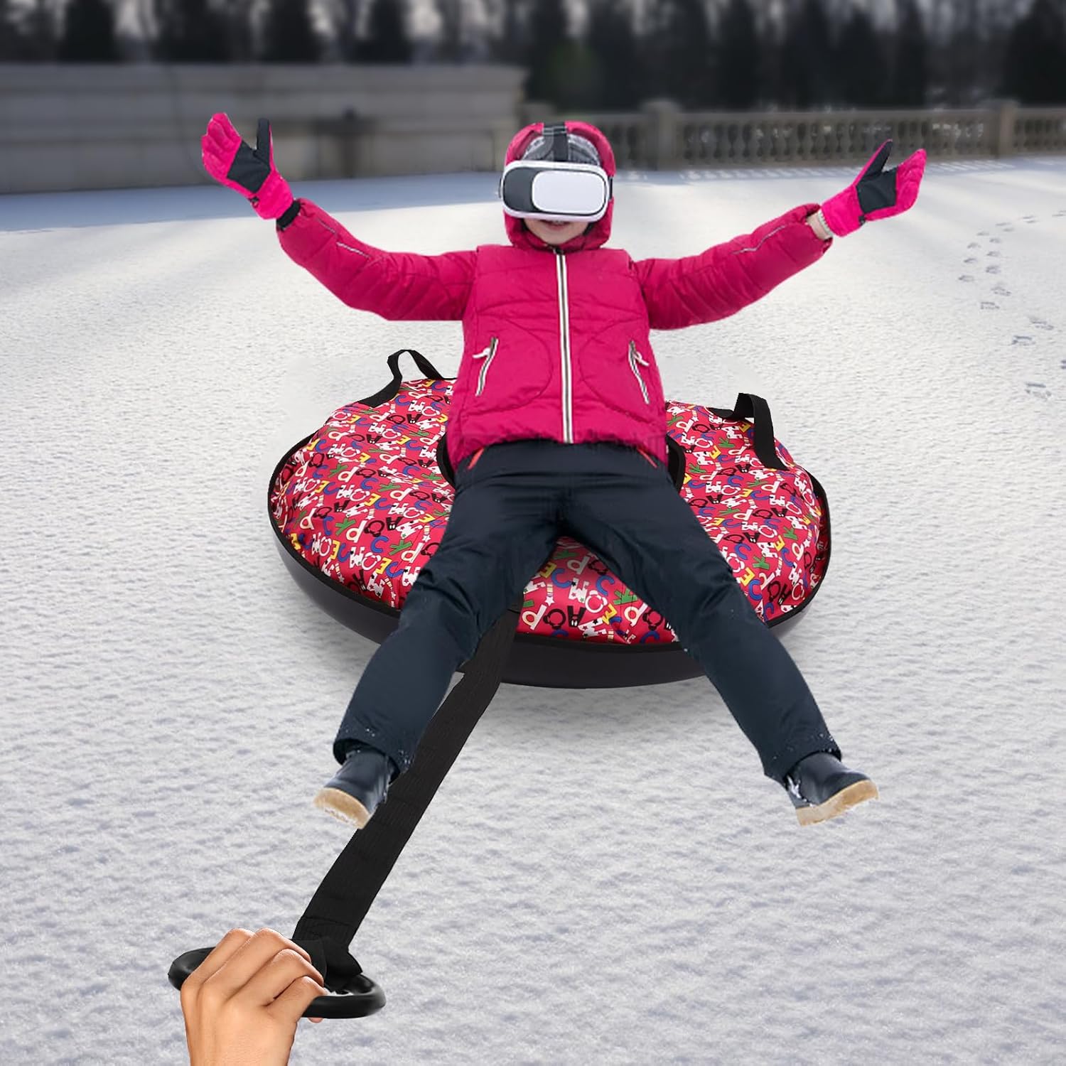 Snow Tube Heavy Duty with a Hard Plastic Bottom,90cm Oxford Cloth Inflatable Sledding Tube, Snow Sleds for Kids and Adult, Inflatable Sled(Include Cushion)