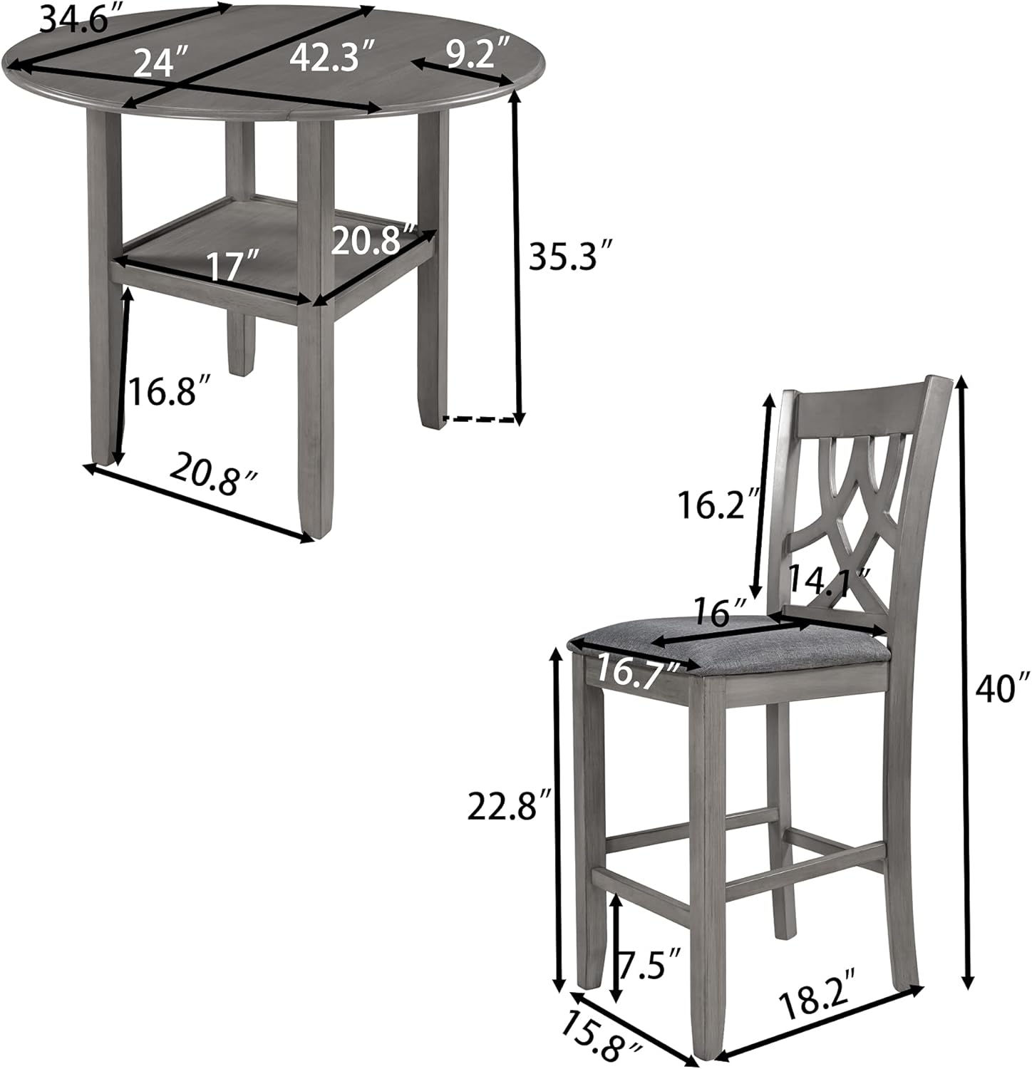 LUMISOL Farmhouse 3 Piece Round Counter Height Kitchen Dining Table Set with Drop Leaf Table, 1 Shelf and 2 Cross Back Padded Chairs for Small Places, Gray
