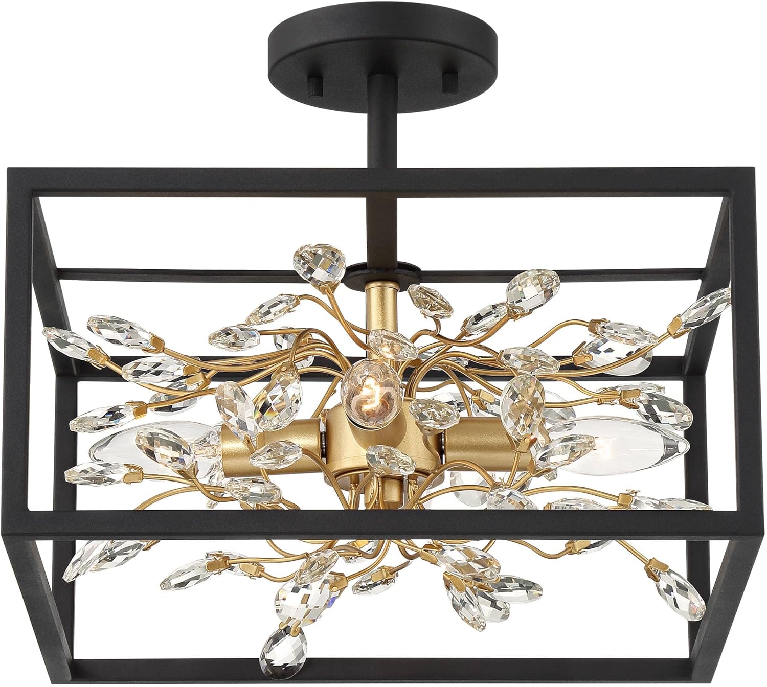 Possini Euro Design Carrine Modern Ceiling Light Semi Flush-Mount Fixture 14 1/4" Wide Black Metal Gold Branches 4-Light Clear Crystal for Bedroom Kitchen Living Room Hallway Bathroom House Home