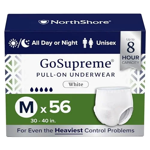 NorthShore GoSupreme Overnight Incontinence Underwear, 8-Hour Pullup Style, Medium, 56 Count Case, White, 30-40 inches, Unisex Adult Diapers