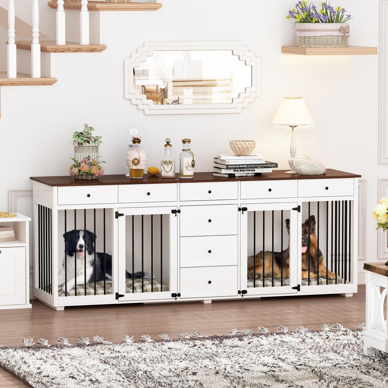 Lovinouse Large Dog Crate Furniture for 2 Dogs, 89" Heavy Duty Wooden Dog Kennel with 8 Drawers, Indoor Furniture Style Dog Kennel with Double Rooms for Large Medium Dogs, White