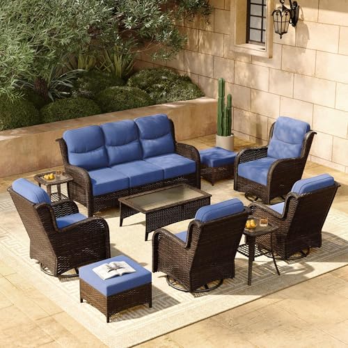 Luxury Patio Furniture Set with 6-inch Thick Cushion, Outdoor Couch and High Back Swivel Rocker Patio Chairs, 7PCS Wicker Conversation Set for Deck, Yard, and Poolside in Blue (V2)
