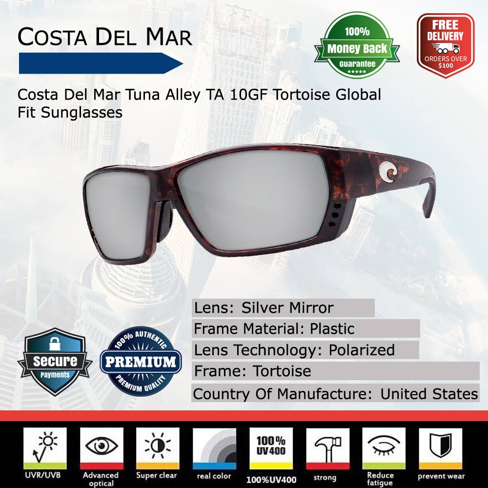 Costa Del Mar Tuna Alley TA 10gf Tortoise Global Fit Sunglasses Silver Lens 580G