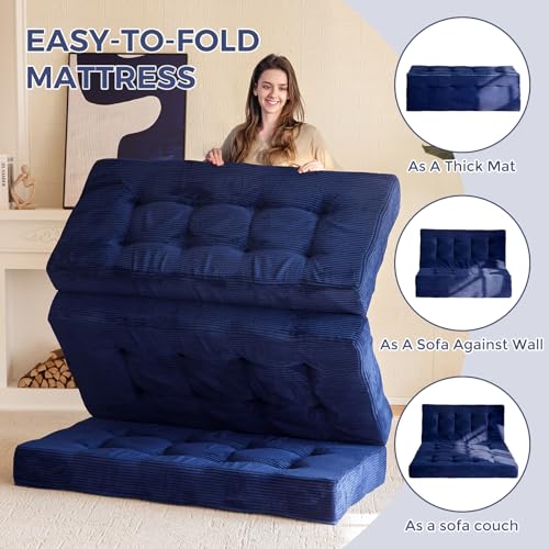 MAXYOYO Tri-Fold Mattress, 6 Inch Tufted Folding Mattress Full Foam Bed, Foldable Floor Mattress Guest Bed Mattress Topper Portable Camping Sleeping Bed with Corded Fabric, Black, 53"x75"