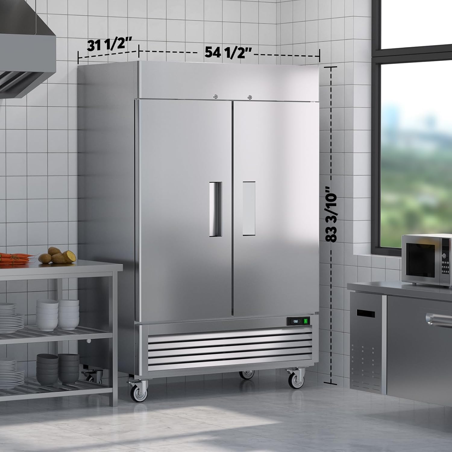 54" Commercial Refrigerators 2 Door Stainless Steel Reach in Refrigerator, 49 Cu.Ft Air Cooler Bottom Mount Fridge with 8 Shelves for Restaurant Kitchen Cafe Garage, ETL NSF Approved