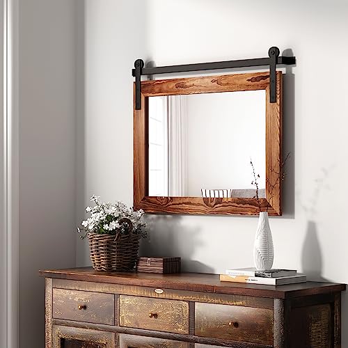 Farmhouse Barn Door Mirror - 41" x 26" Rustic Wood Framed Wall Mirror for Bathroom, Living Room, Bedroom Wall Decor (Brown)
