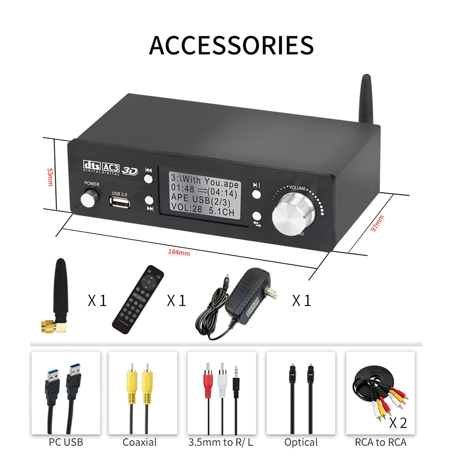 5.1 decoder Separator for DTS AC3,Digital Analog Audio Video System with BT-5.0 Receiver HDMI 4K 3D,Coaxial,Optical Fiber,AUX,U Disk,PC-USB Input,192Khz/24Bit for Home Theater Game Music