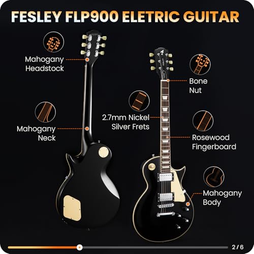 Fesley LP Electric Guitar with Arched Top:39" Solid Body Electric Guitars with Mahogany Body and Rosewood Fretboard,Electric Guitar with Humbucker Pickups, Guitarra Eléctrica with Alice String,Gold